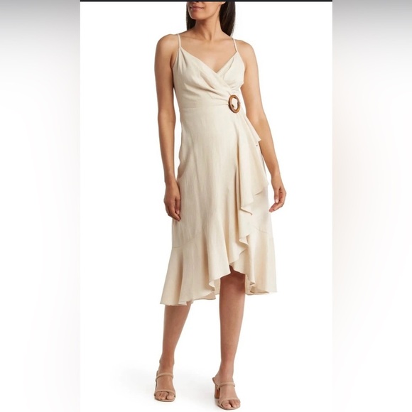 BCBGMAXAZRIA Linen Blend “Doris” Ruffled Midi Dress Corozo Beige NWT Size 6 - Picture 1 of 10
